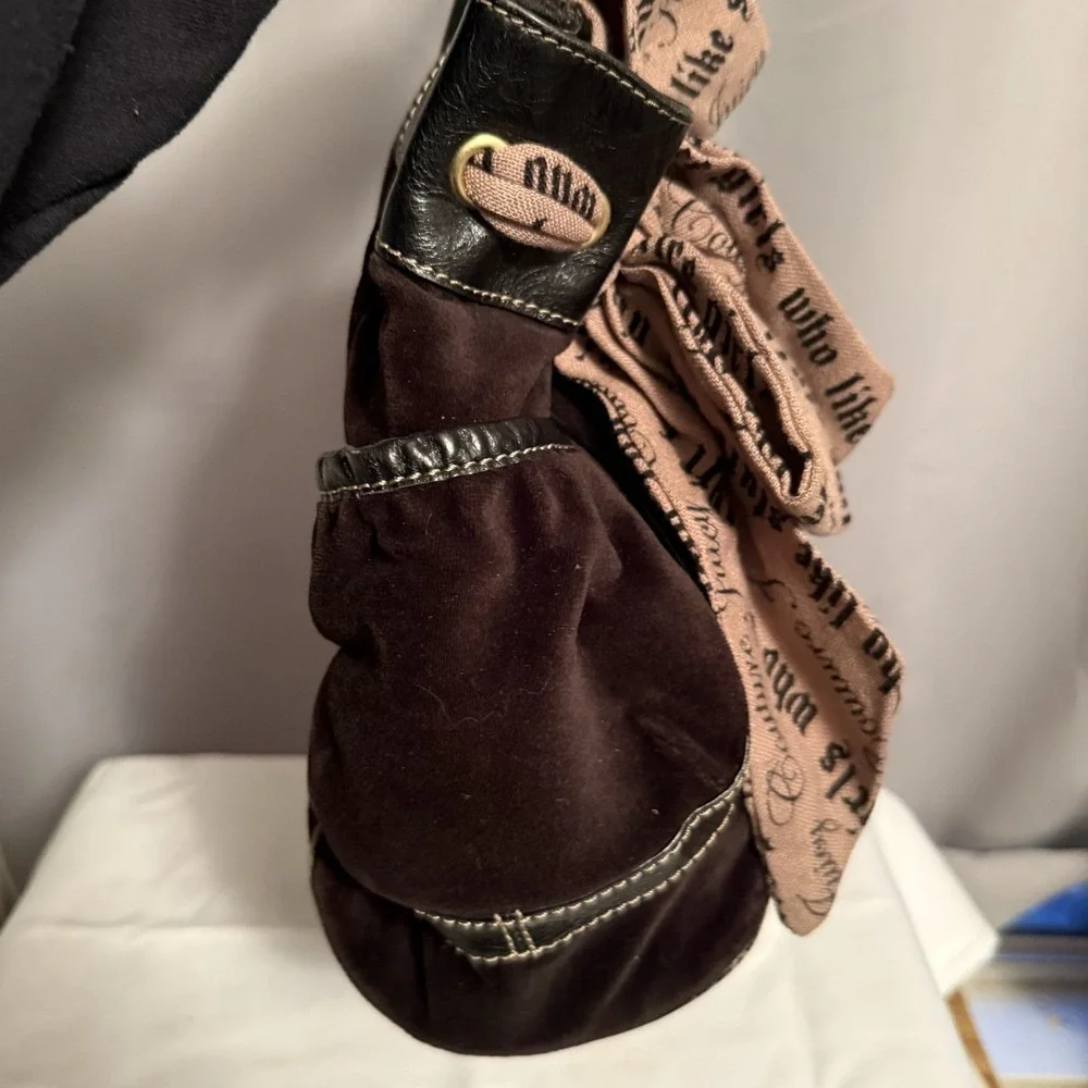 Vintage Juicy Couture Daydreamer Velour Brown Flower Appliqué Tote Bag Purse Bow